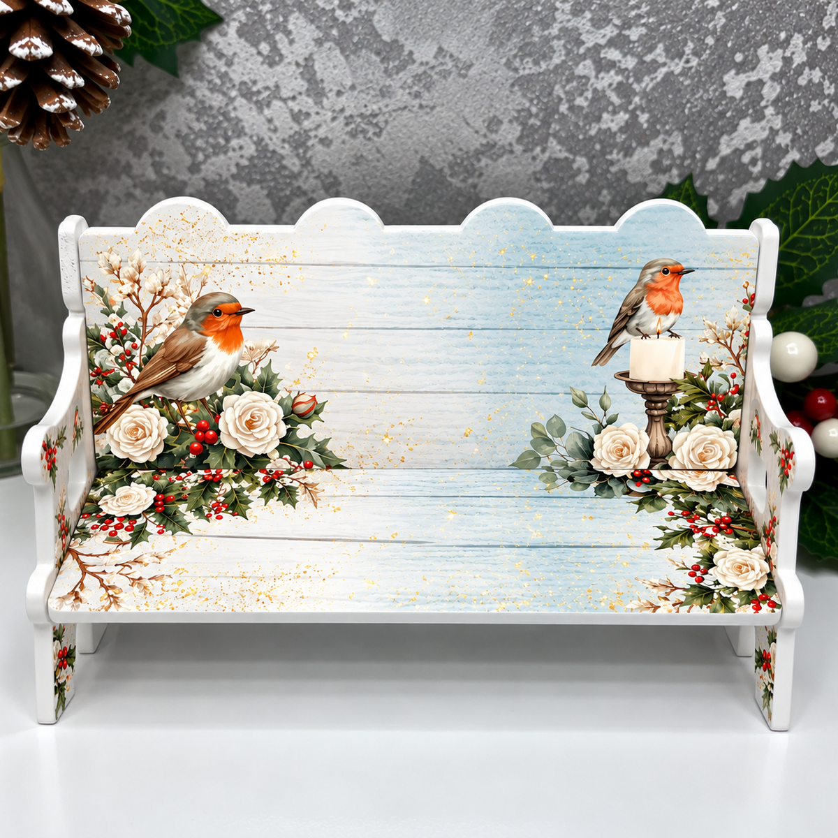 Personalised Christmas robin memorial bench with name or relationship and remembrance message