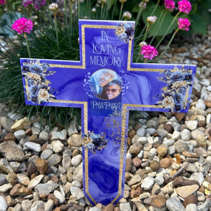 Personalised memorial cross grave marker with loved one’s photo