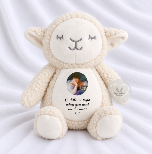 Personalised curly lamb photo memory bear with printable tummy and feet