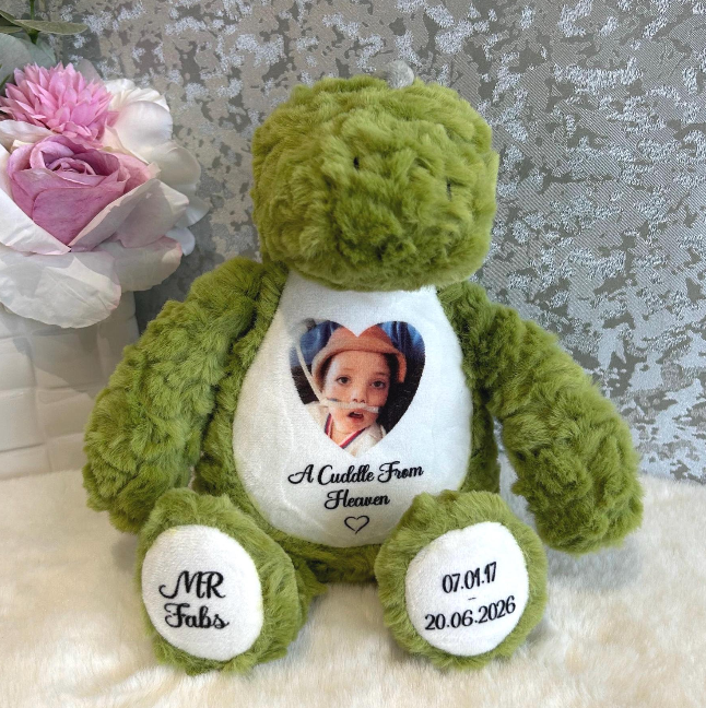Personalised dinosaur remembrance teddy bear with memorial photo