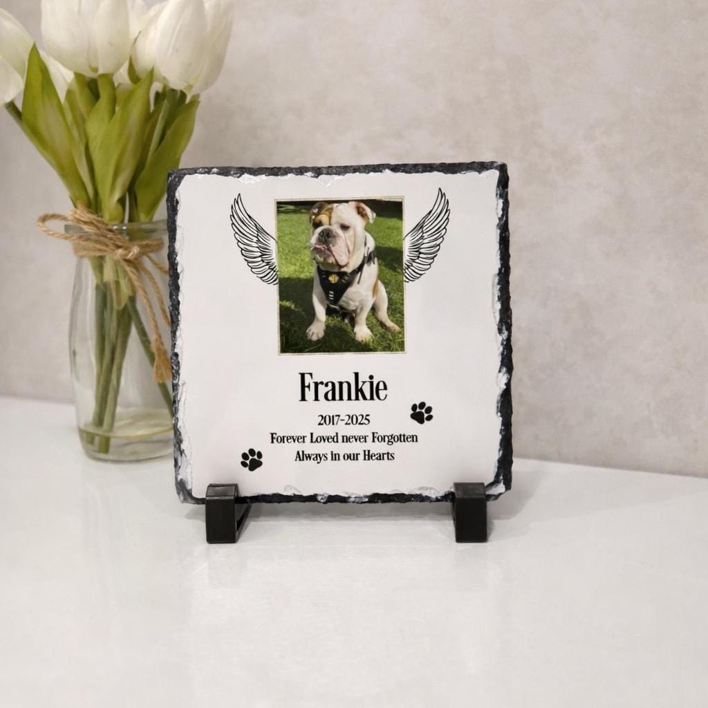 Personalised dog memorial slate plaque with photo, name, dates and message