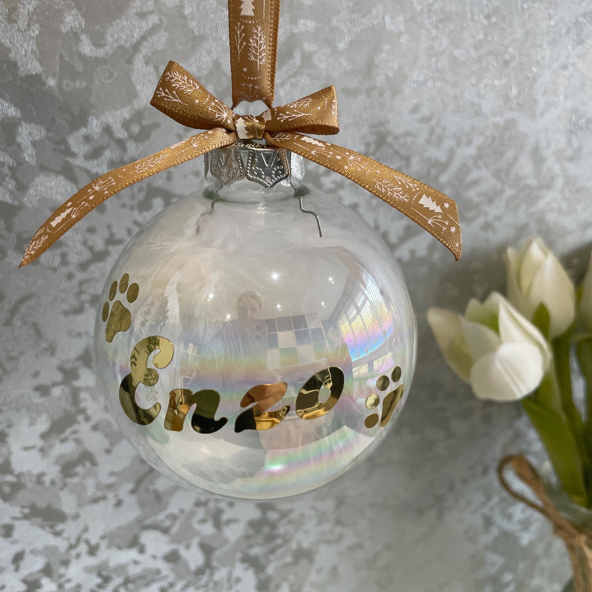 Personalised dog memorial Christmas bauble with paw prints