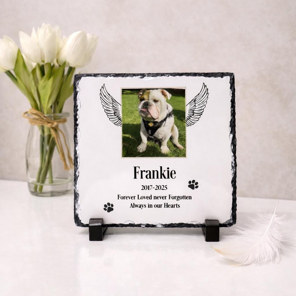 Personalised dog memorial slate with pet photo, angel wings, dates and remembrance poem