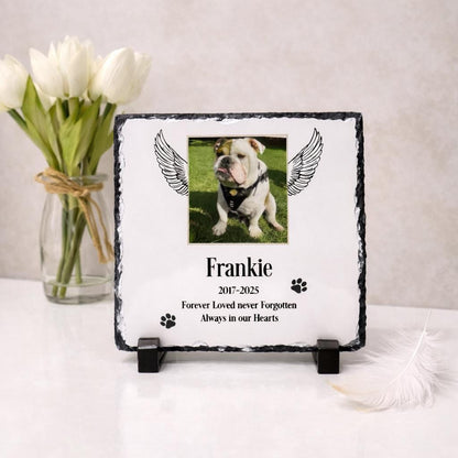 Personalised dog memorial slate with pet photo, angel wings, dates and remembrance poem