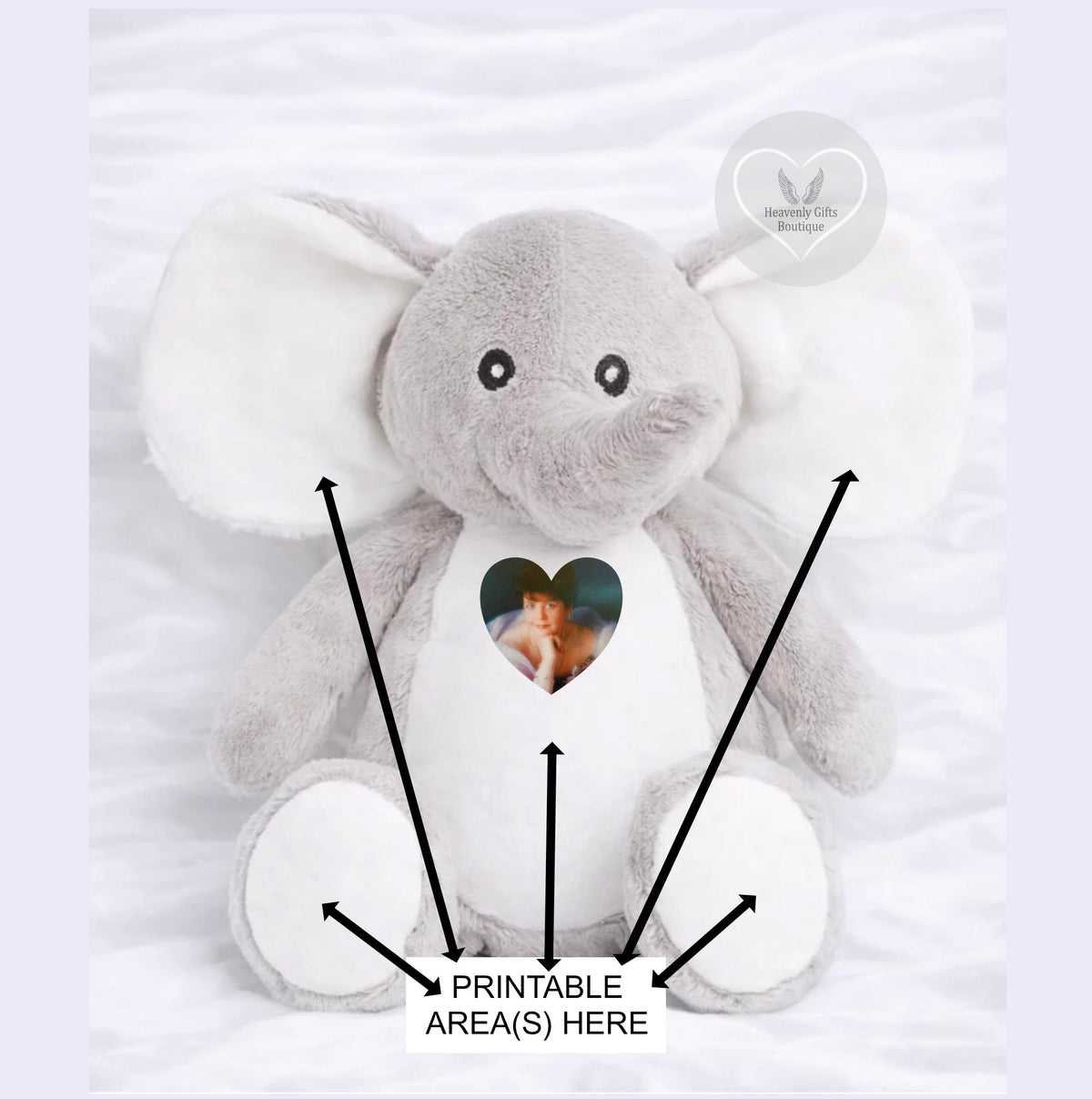Personalised elephant remembrance teddy bear with memorial photograph