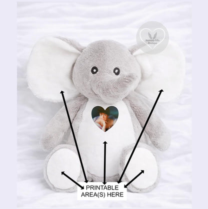 Personalised elephant remembrance teddy bear with memorial photograph