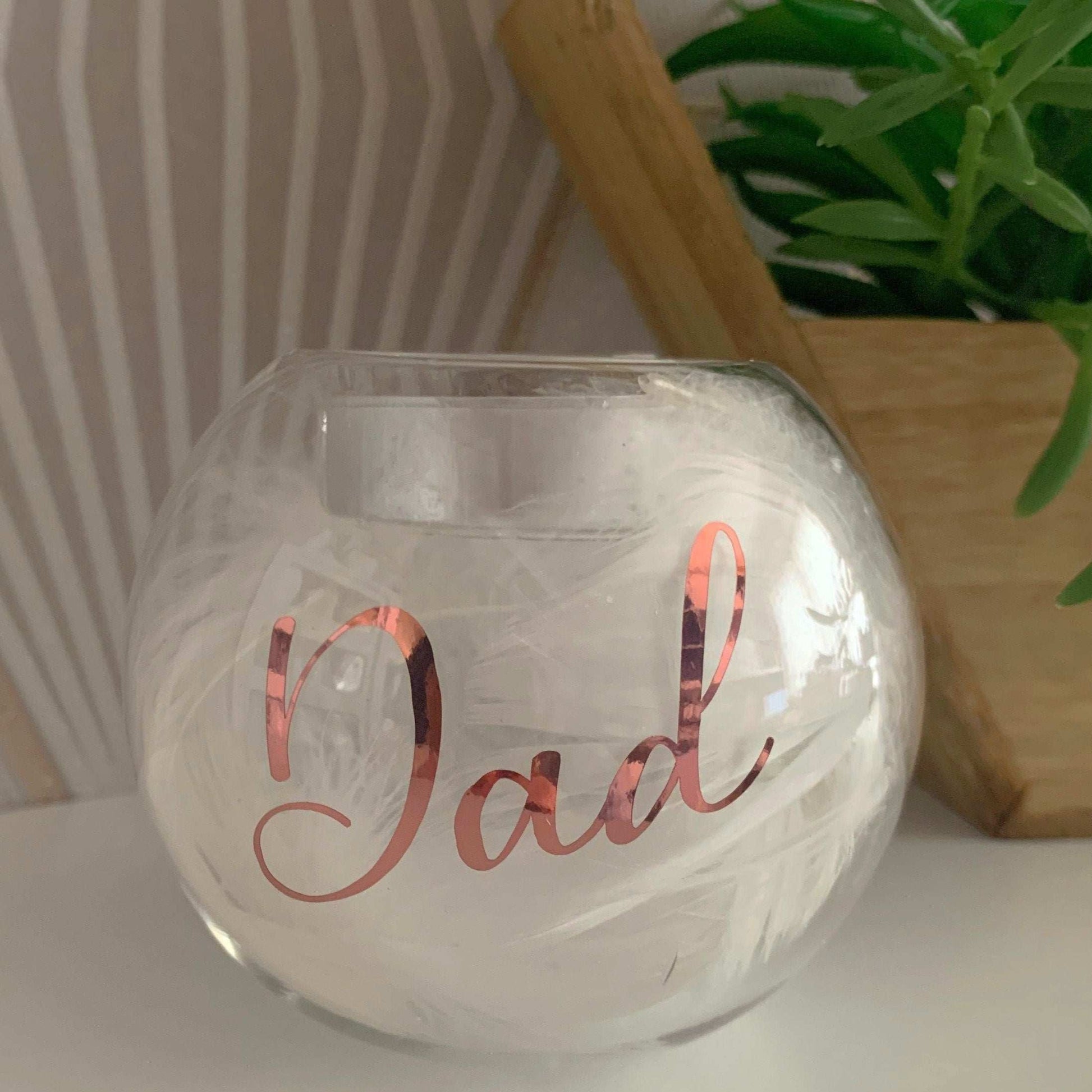 Personalised feather remembrance glass tealight holder for a loved one