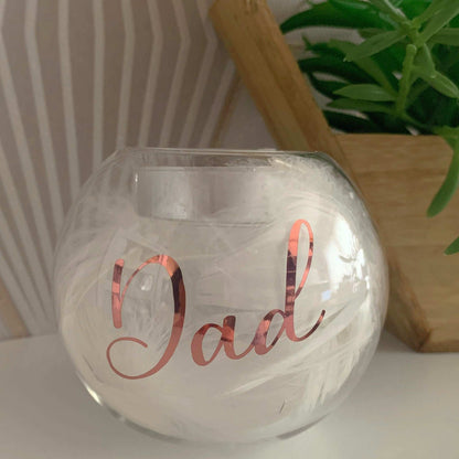Personalised feather remembrance glass tealight holder for a loved one