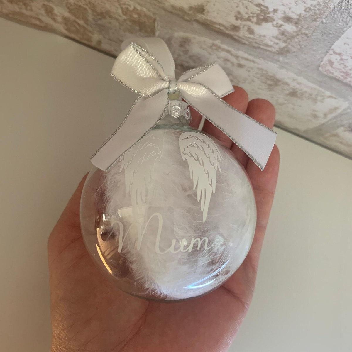 Personalised feathered angel wings memorial Christmas bauble