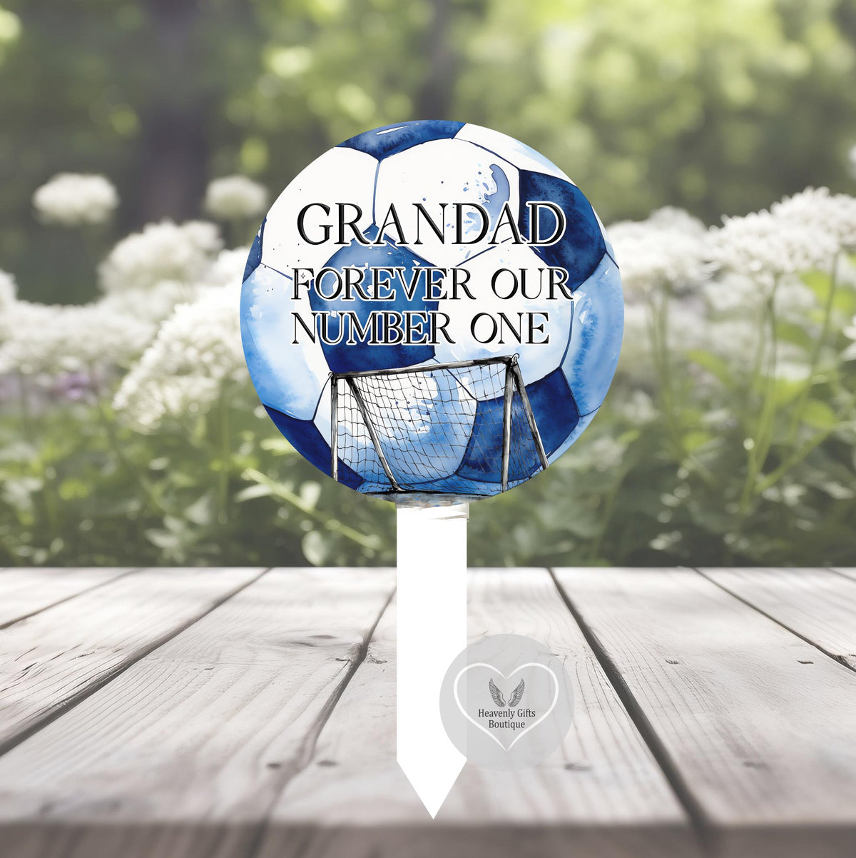 Personalised football shaped memorial grave marker for someone dearly missed