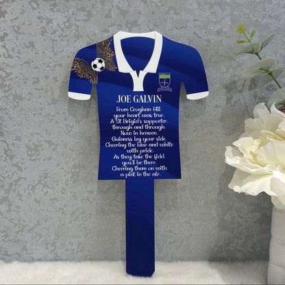 Blue football shirt memorial grave marker personalised for Joe Galvin with St Brigid's supporter tribute