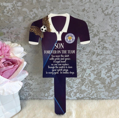 Dark blue Leicester City football shirt memorial grave marker personalised for Son with remembrance poem