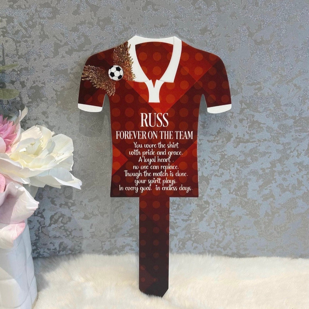 Red football shirt memorial grave marker personalised for Russ with Forever on the Team remembrance poem