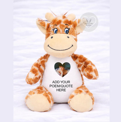 Personalised giraffe memorial teddy bear with photograph