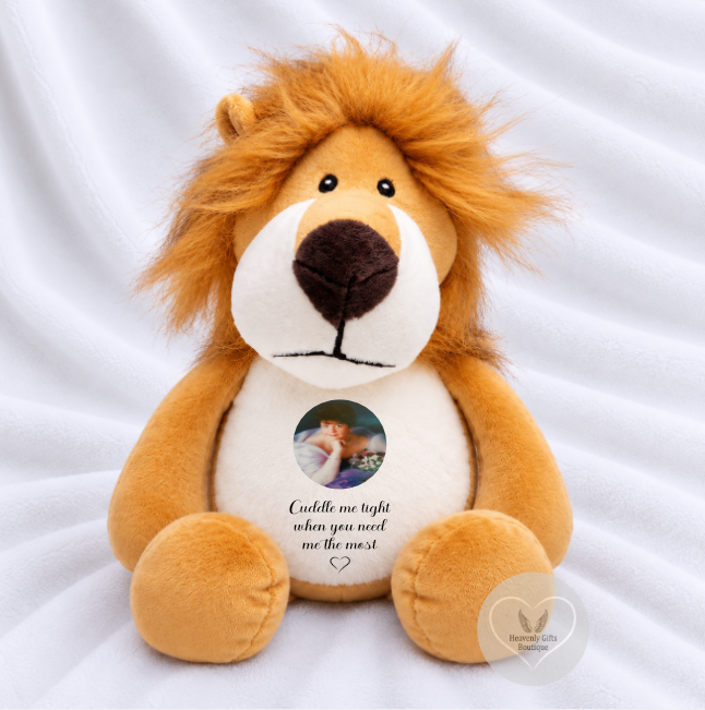 Personalised golden lion photo memory bear with printable tummy and feet