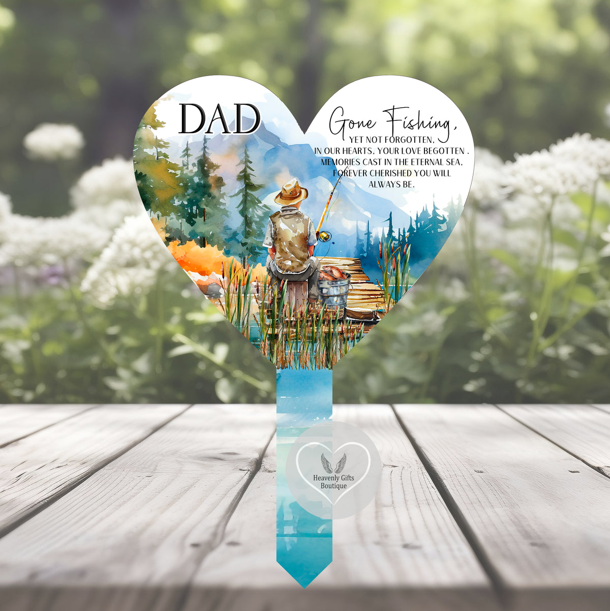 Personalised Gone Fishing heart grave marker with a loved one's name