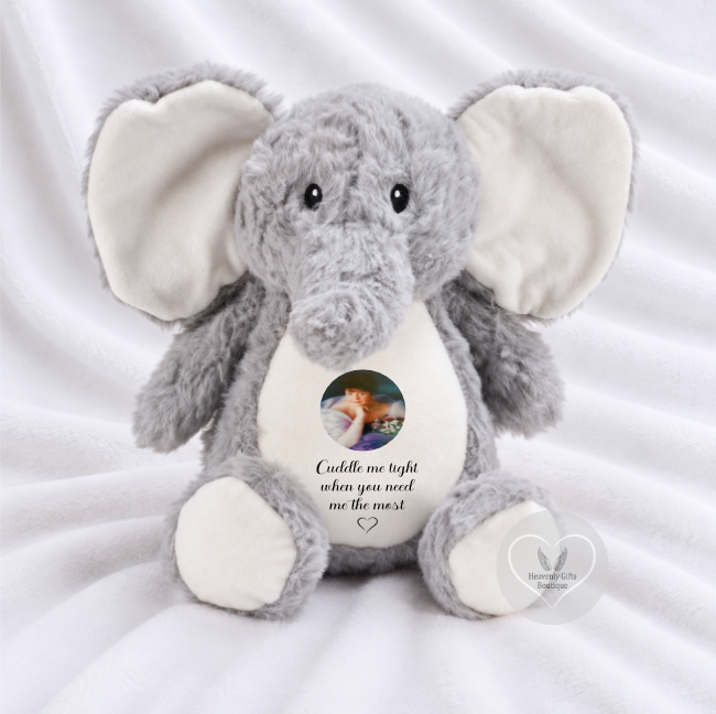 Personalised grey elephant photo memory bear with printable tummy feet and ears