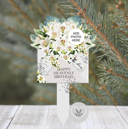 Personalised grey and white memorial flower marker with remembrance wording