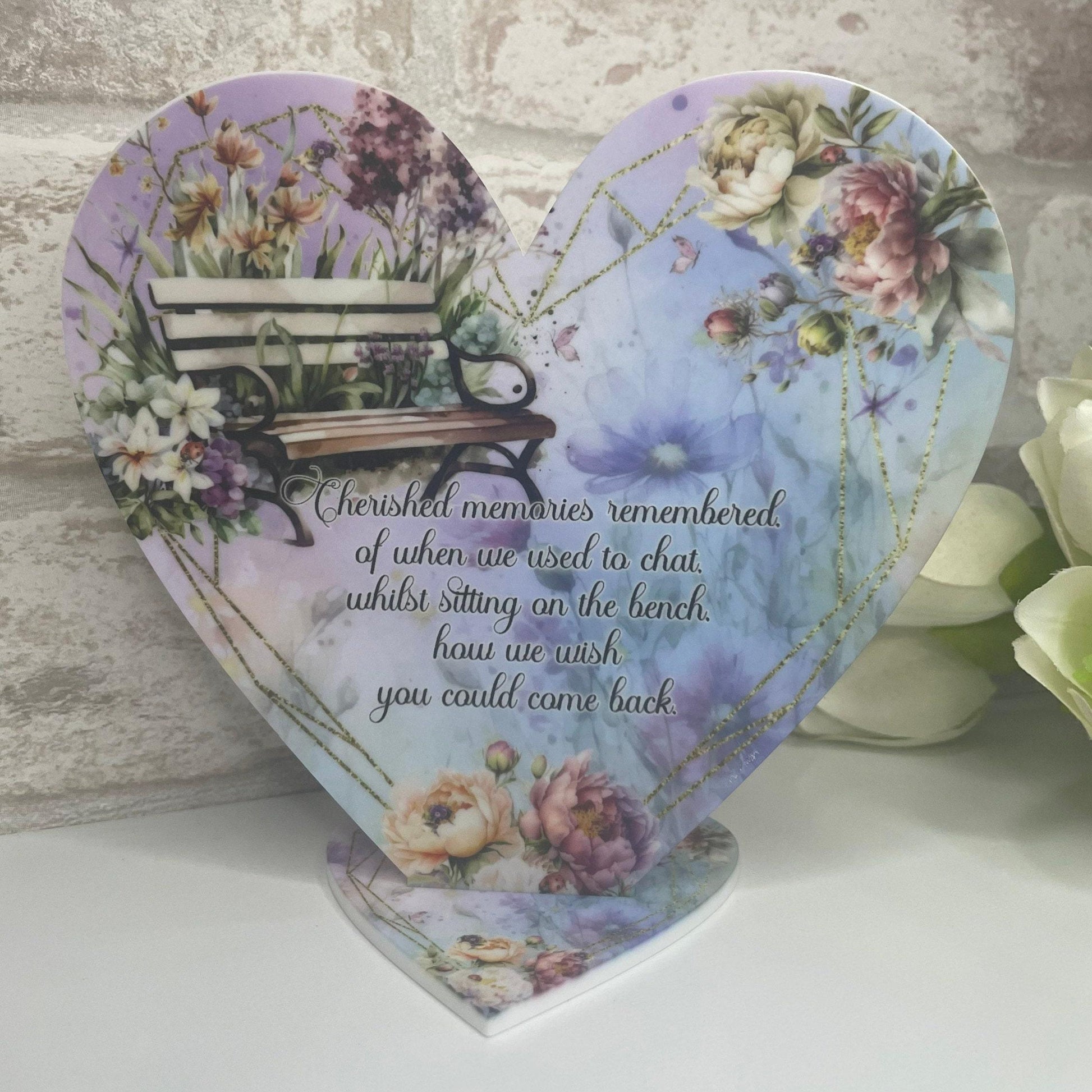 Personalised heart memorial plaque with memorial bench design and custom wording