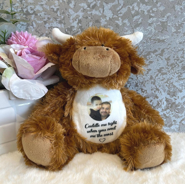 Personalised Highland Cow memorial bear with photo and wording