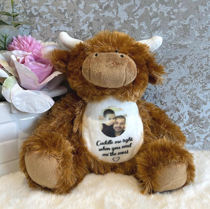 Personalised Highland Cow memorial bear with photo and wording