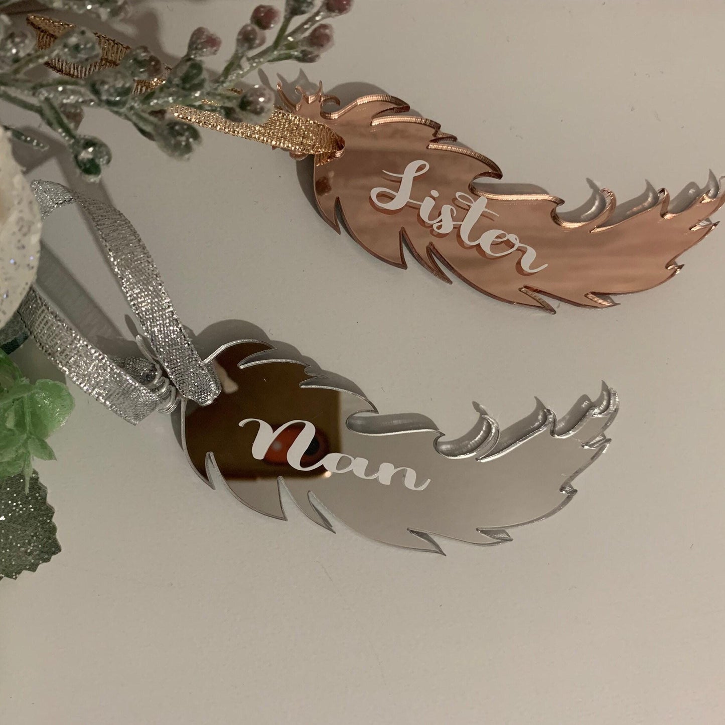 Personalised in memory feather memorial decoration with custom wording