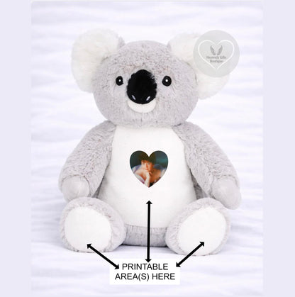 Personalised koala remembrance teddy bear with memorial photograph