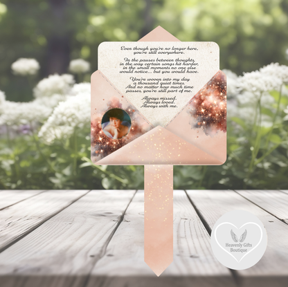 Personalised  Peach Letter to Heaven grave marker displayed as a memorial tribute