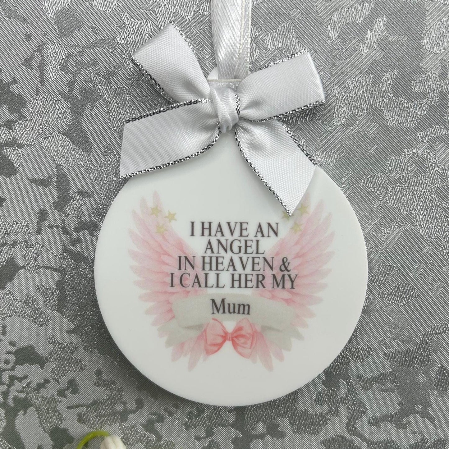 Personalised memorial bauble for Mum with angel wings and name