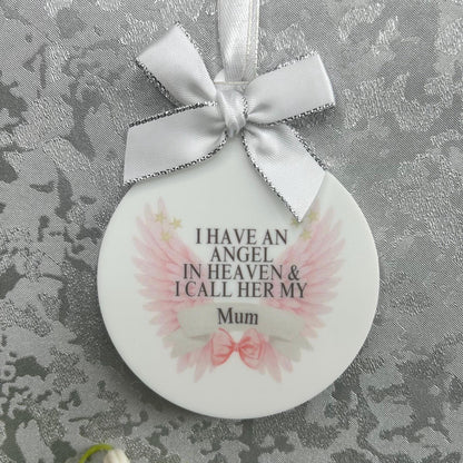 Personalised memorial bauble for Mum with angel wings and name
