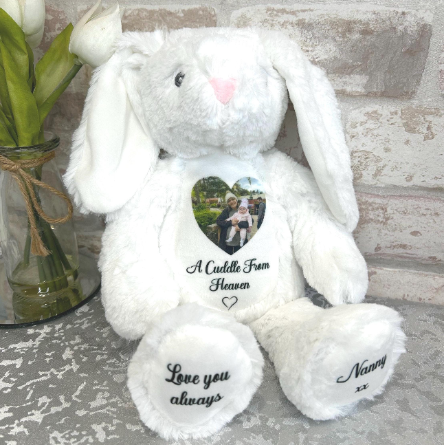 Personalised memorial bunny with photo remembrance keepsake