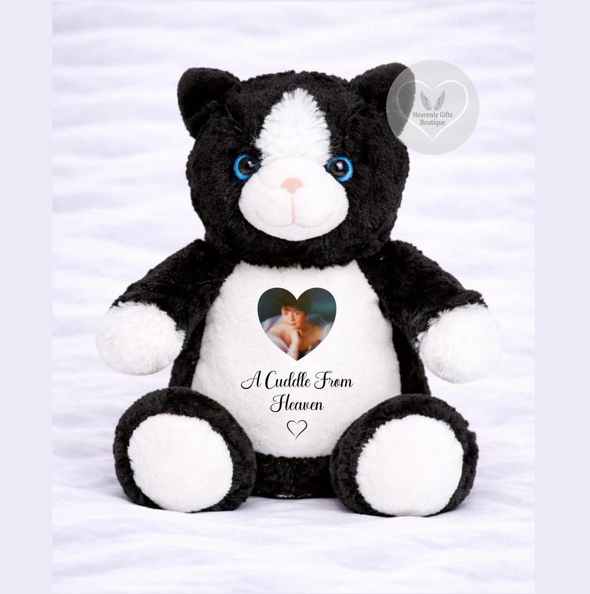 Personalised black and white memorial cat teddy with heart-shaped photo and A Cuddle From Heaven wording