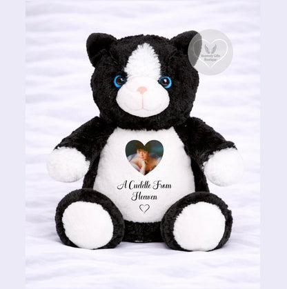 Personalised black and white memorial cat teddy with heart-shaped photo and A Cuddle From Heaven wording