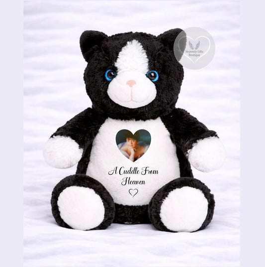 Personalised black and white memorial cat teddy with heart-shaped photo and A Cuddle From Heaven wording