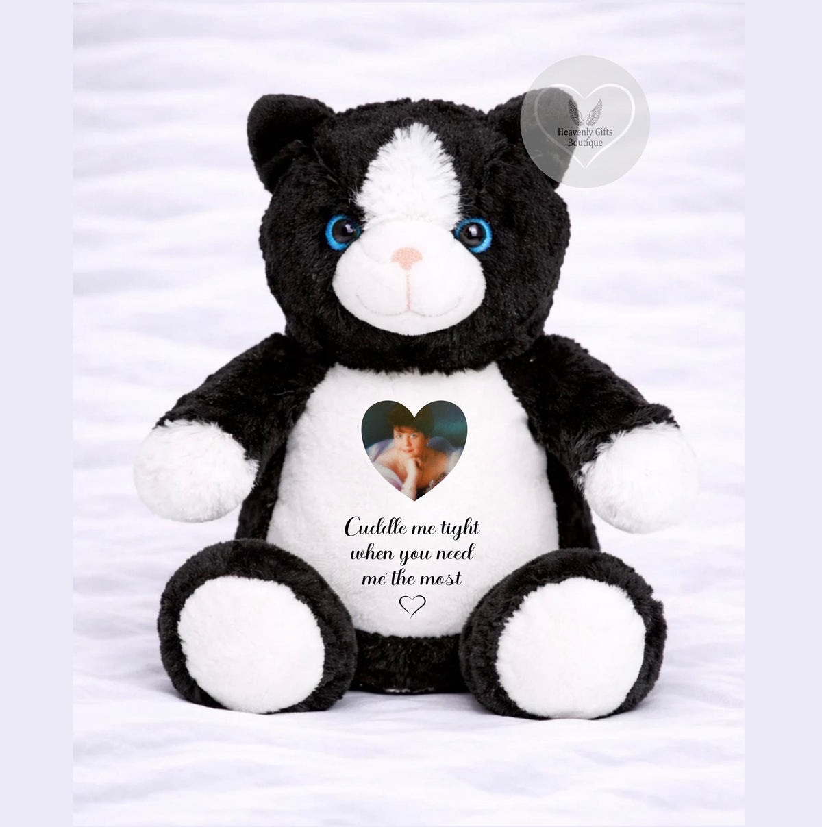 Personalised black and white memorial cat teddy with heart-shaped photo and Cuddle Me Tight remembrance wording