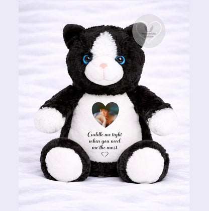 Personalised black and white memorial cat teddy with heart-shaped photo and Cuddle Me Tight remembrance wording