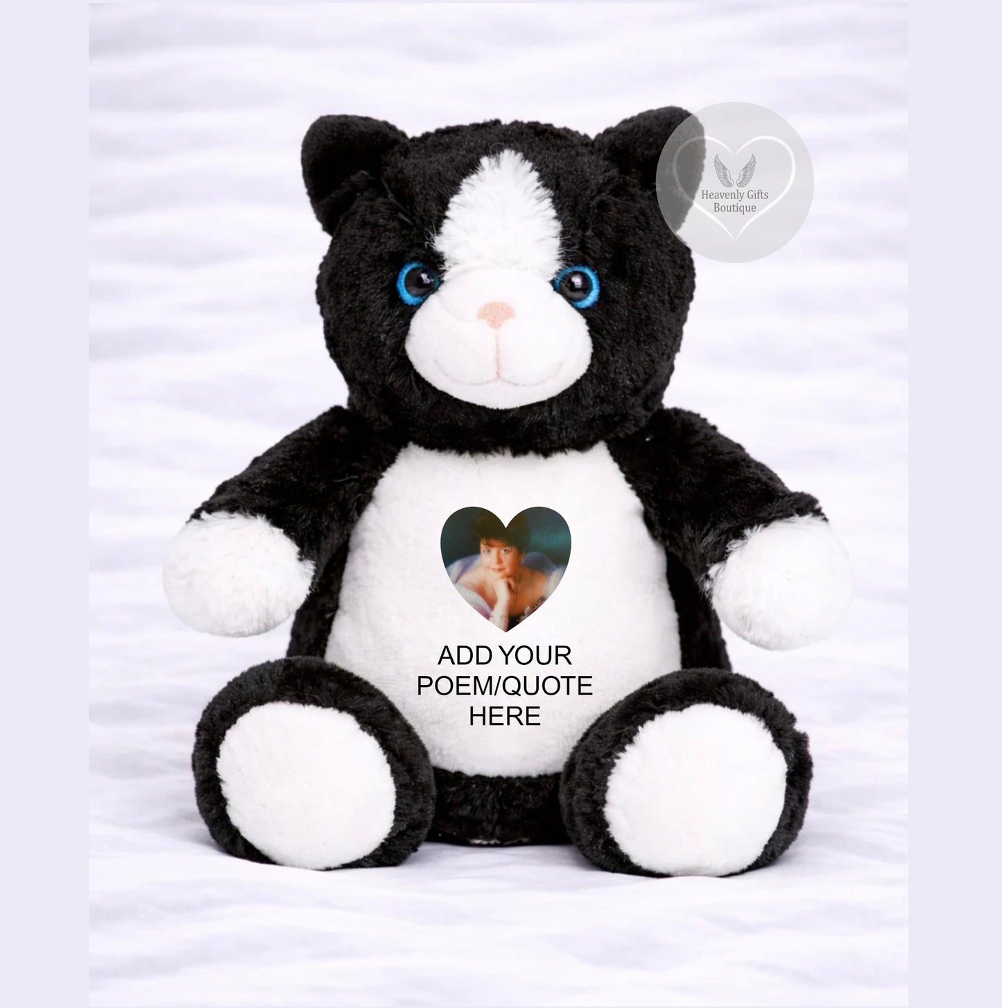 Personalised black and white memorial cat teddy with heart-shaped photo and space for your own poem or quote