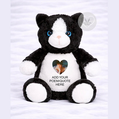 Personalised black and white memorial cat teddy with heart-shaped photo and space for your own poem or quote