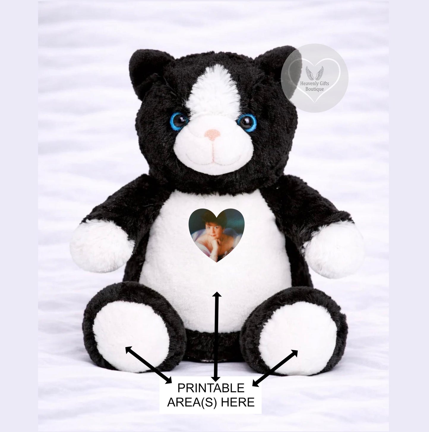 Black and white memorial cat teddy showing the printable photo, tummy and foot areas