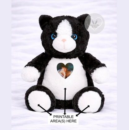 Black and white memorial cat teddy showing the printable photo, tummy and foot areas