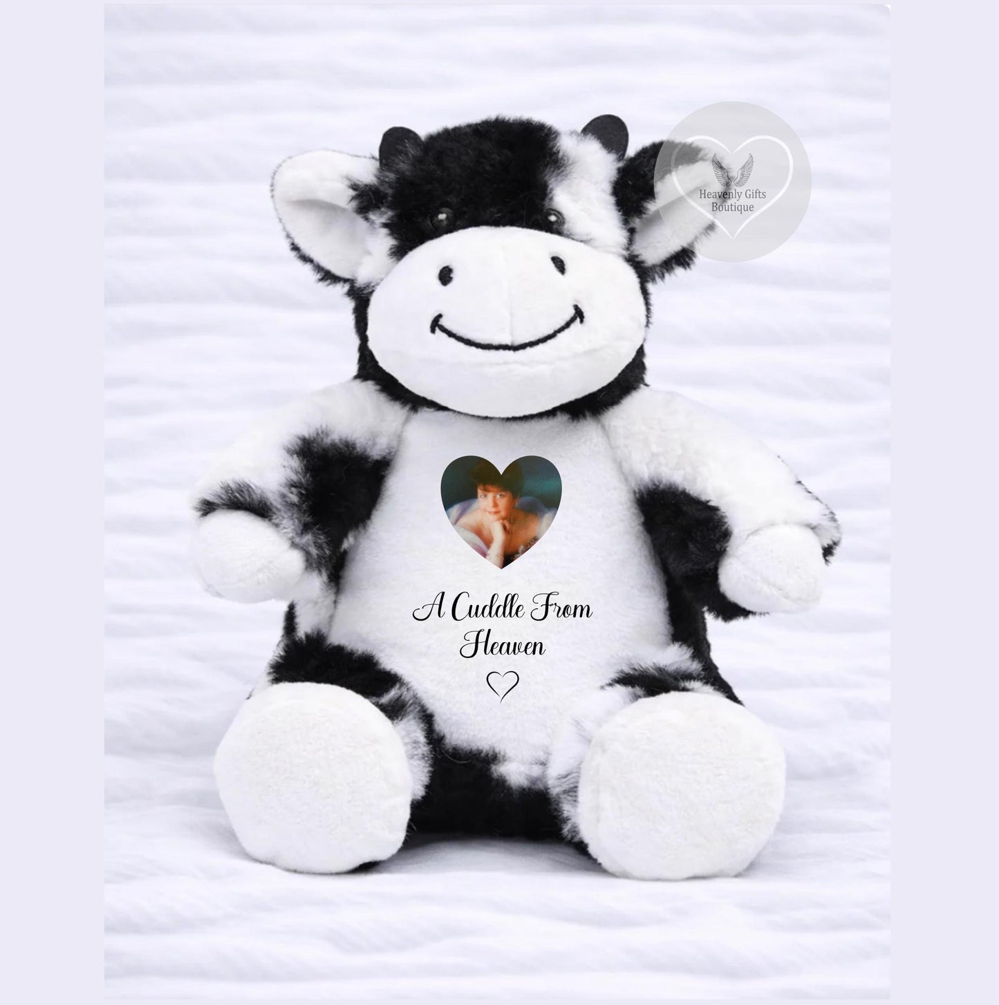 Personalised memorial cow teddy bear with photo and remembrance wording