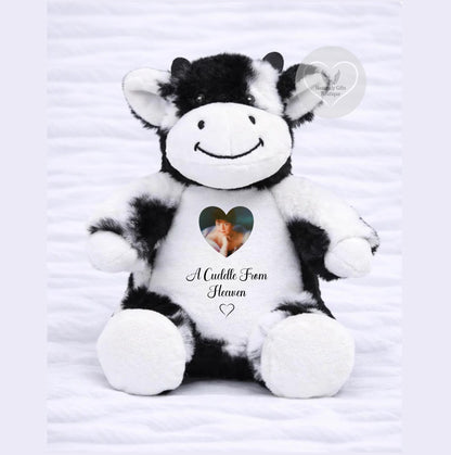Personalised memorial cow teddy bear with photo and remembrance wording