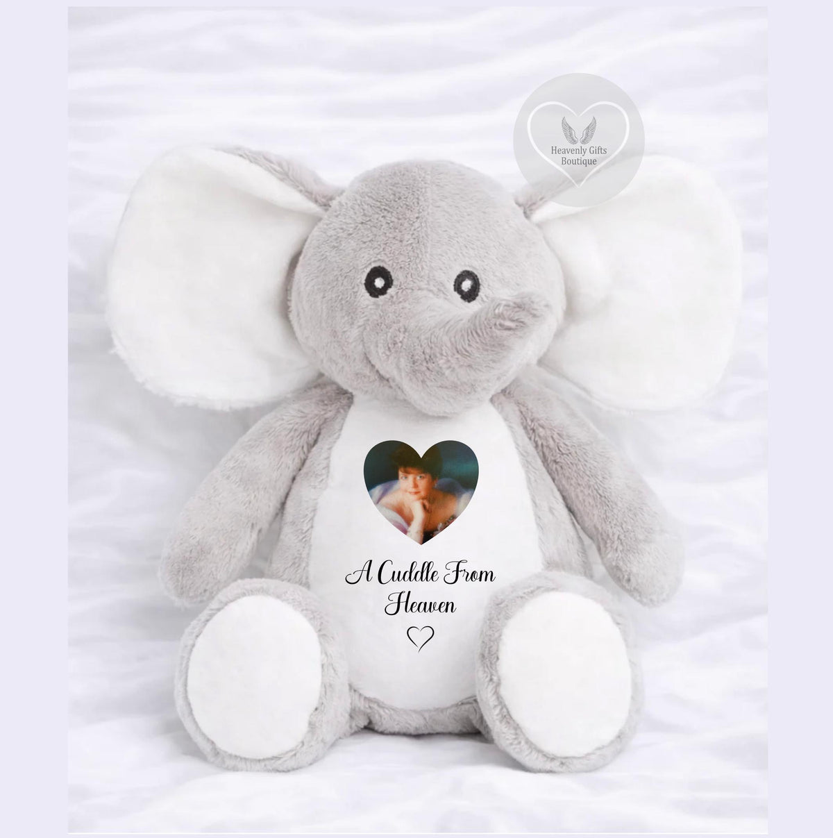 Personalised elephant memorial teddy bear with photo