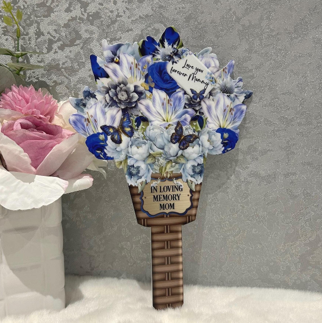 Memorial flower bouquet grave marker personalised with name and wording