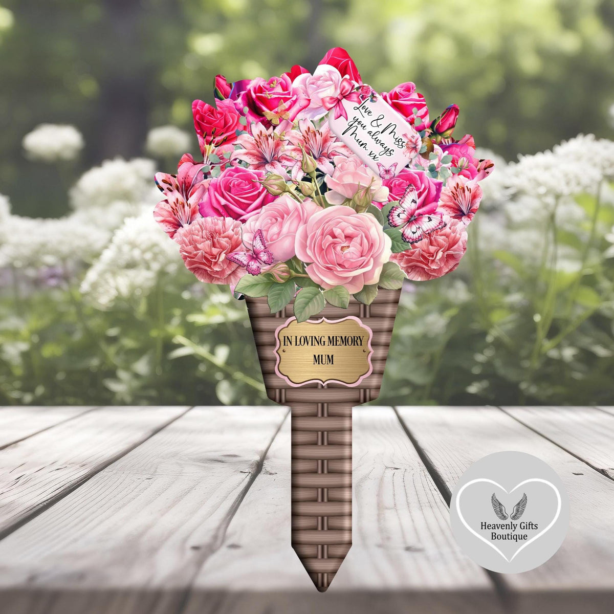 Personalised memorial flower bouquet grave marker with remembrance wording