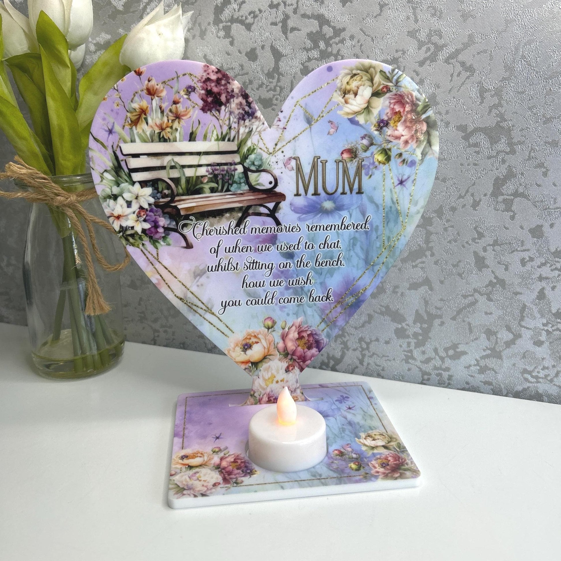 Personalised memorial heart tealight plaque for Mum or Nan