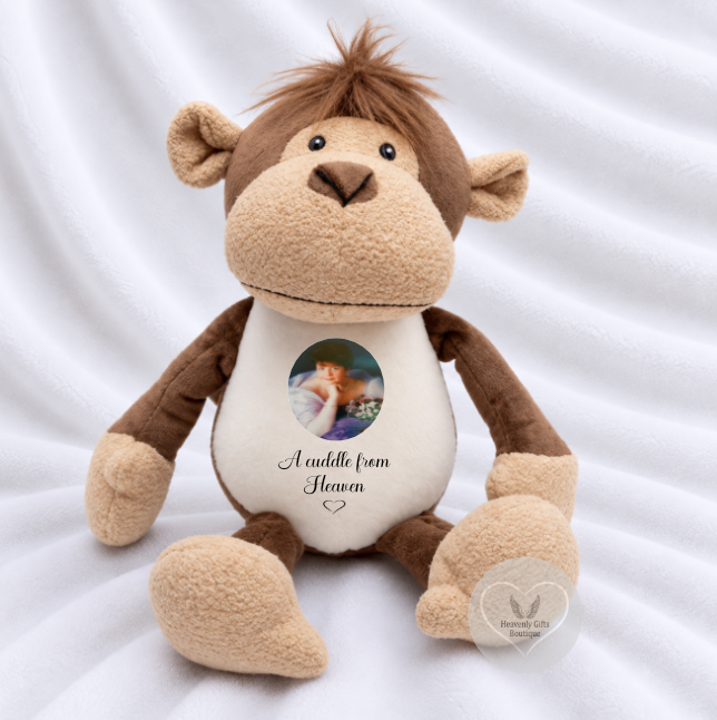 Personalised memorial monkey teddy bear with photo and Cuddle From Heaven wording