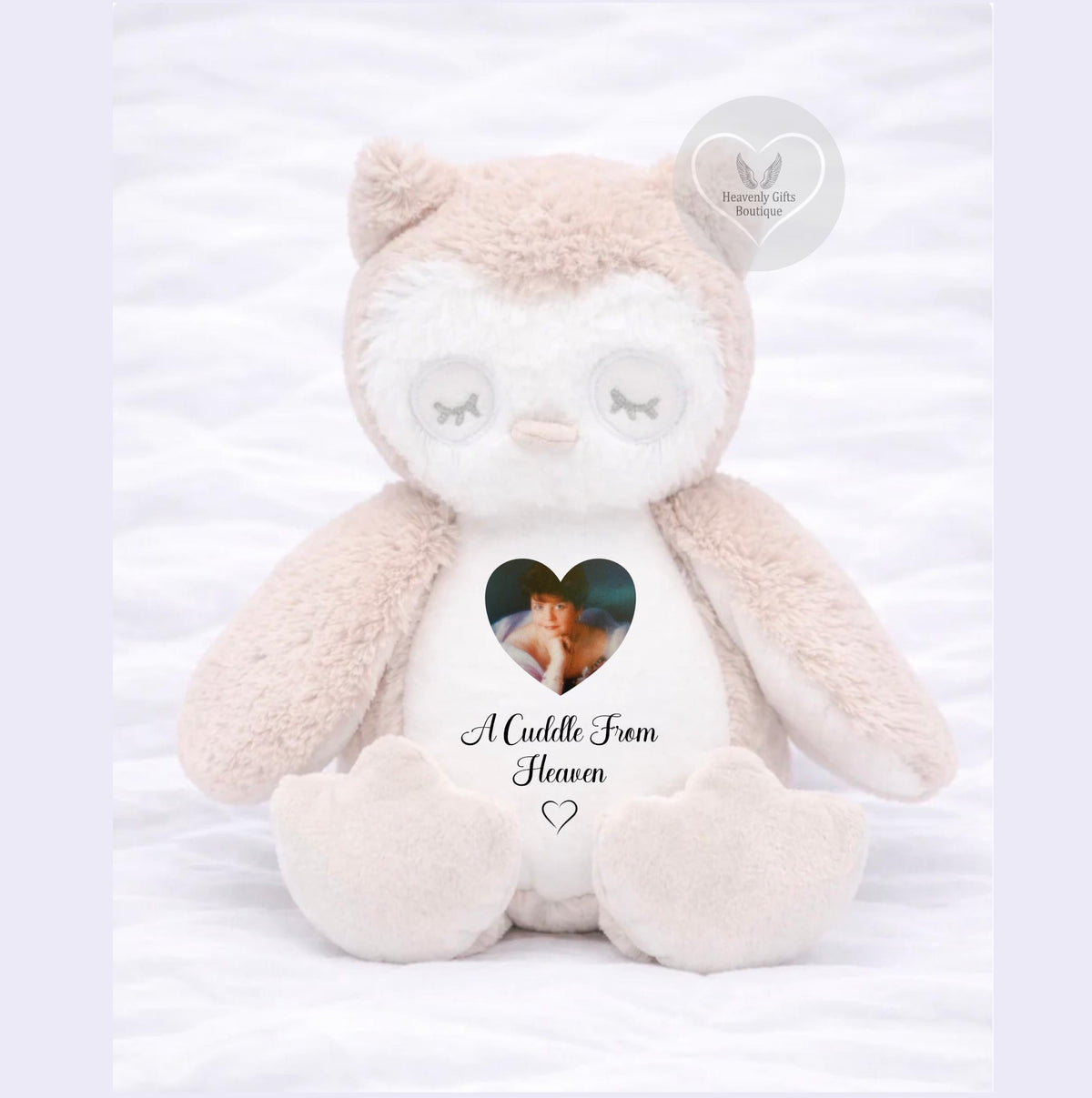 Beige personalised memorial owl teddy with heart-shaped photo and A Cuddle From Heaven quote