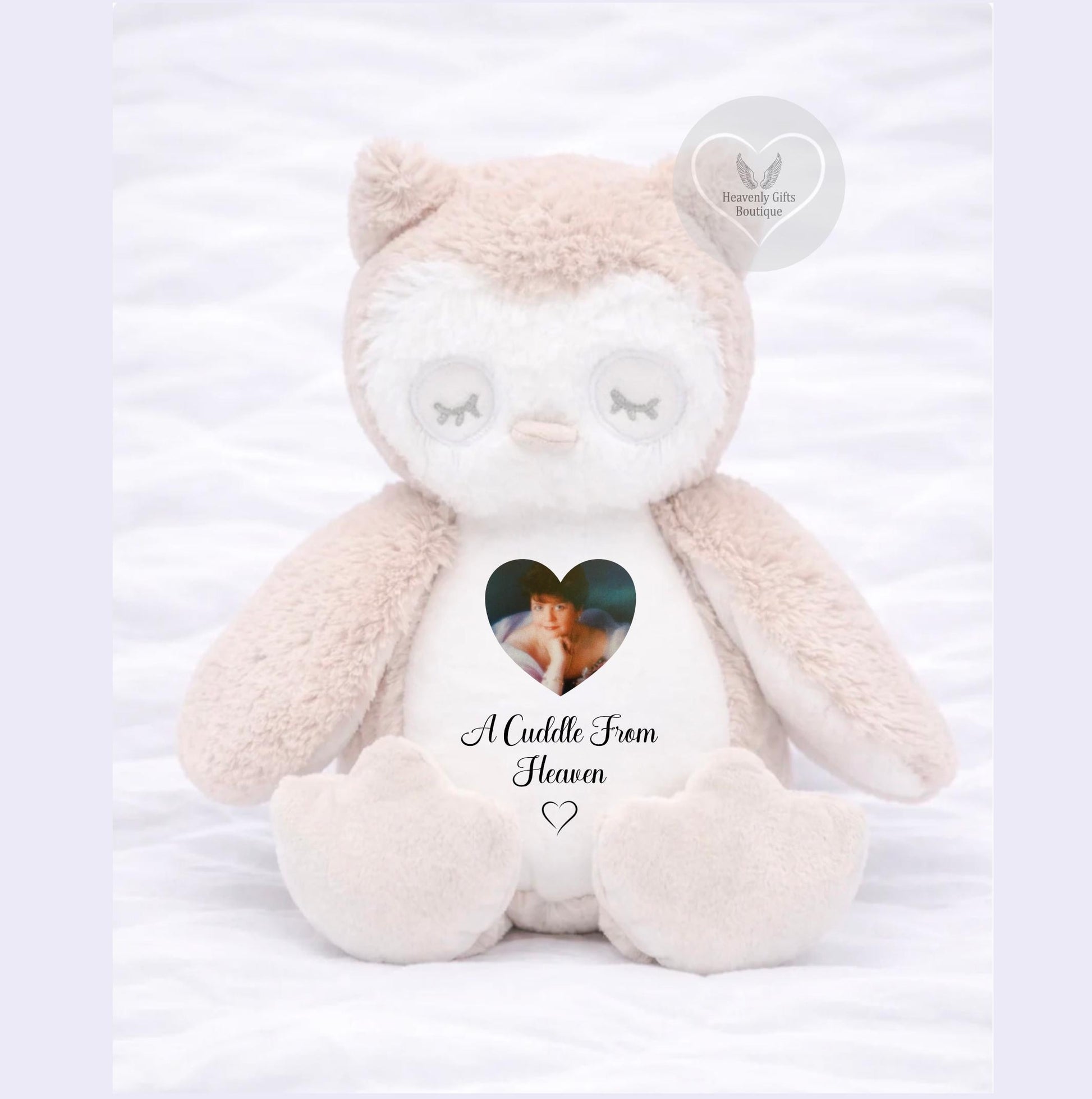 Beige personalised memorial owl teddy with heart-shaped photo and A Cuddle From Heaven quote
