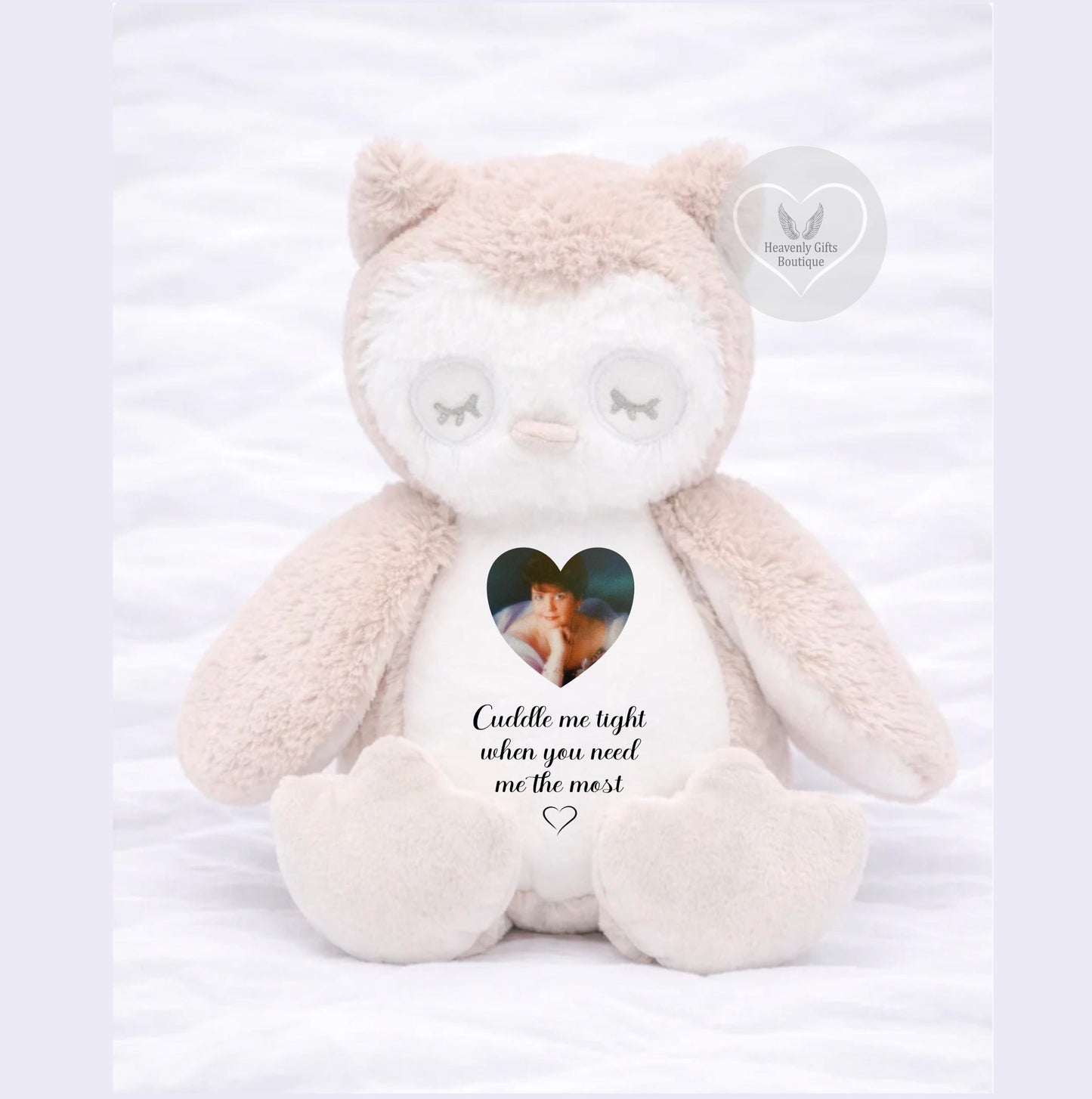 Beige personalised memorial owl teddy with heart-shaped photo and Cuddle me tight remembrance quote